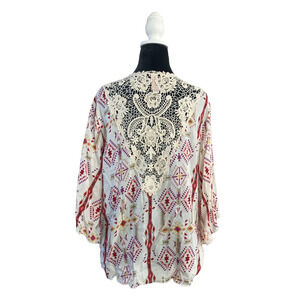 Cardigan Boho Lace Aztec Western Flutter Sleeves Red White Embroidered Large